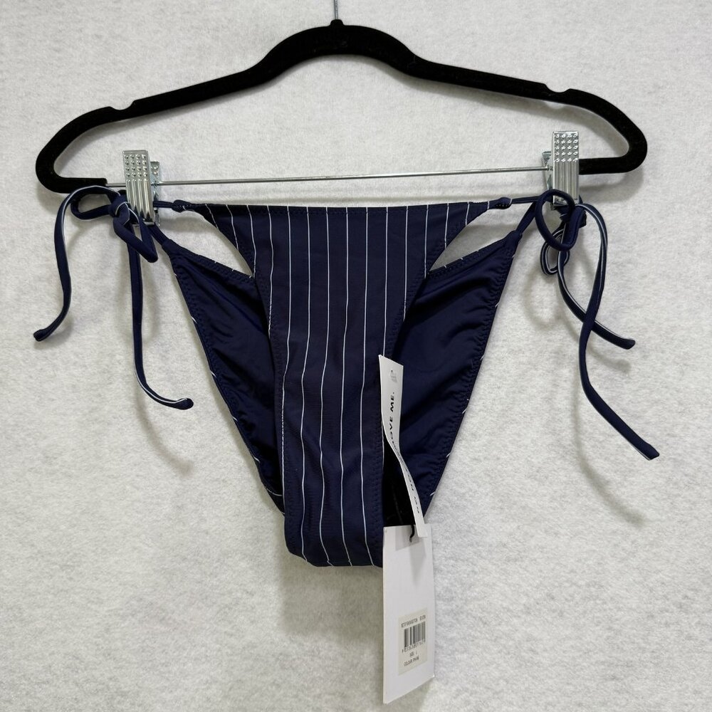 With Jéan Betsy Bikini Bottom Womens Large Blue Pinstripe Swimwear Side Tie NWT